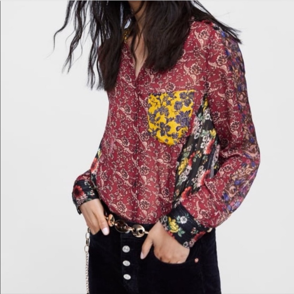 Zara Floral Patchwork Semi Sheer Blouse